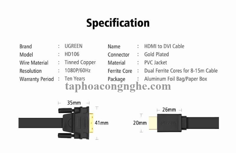 Ugreen 30138 5M màu Đen Cáp chuyển đổi HDMI sang DVI 24 + 1 thuần đồng cáp dẹt HD106 30030138